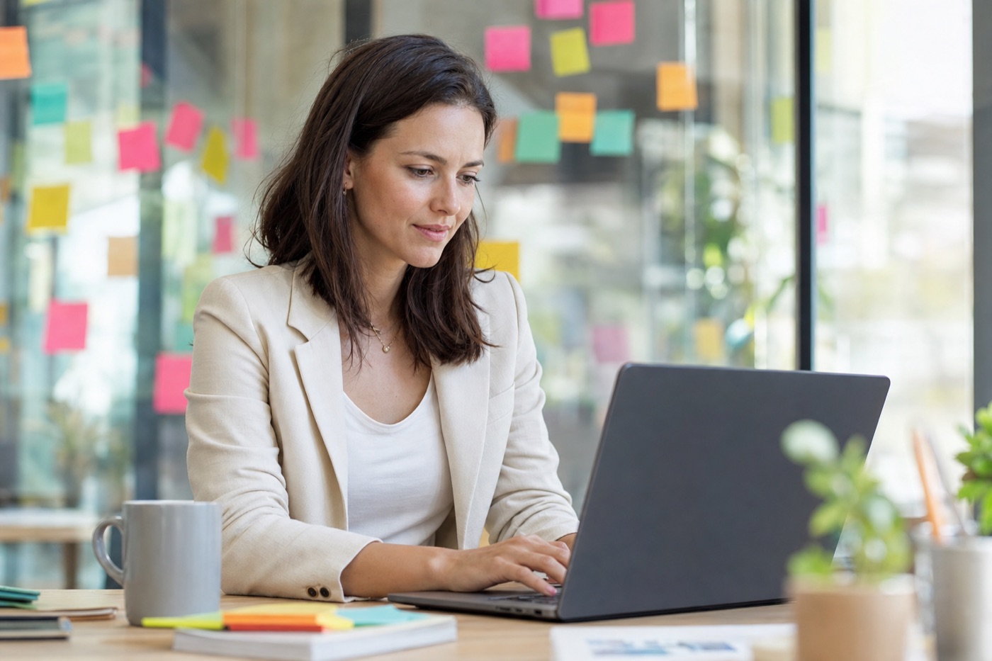 Maya Ellison working at her desk, reviewing product roadmaps on a laptop