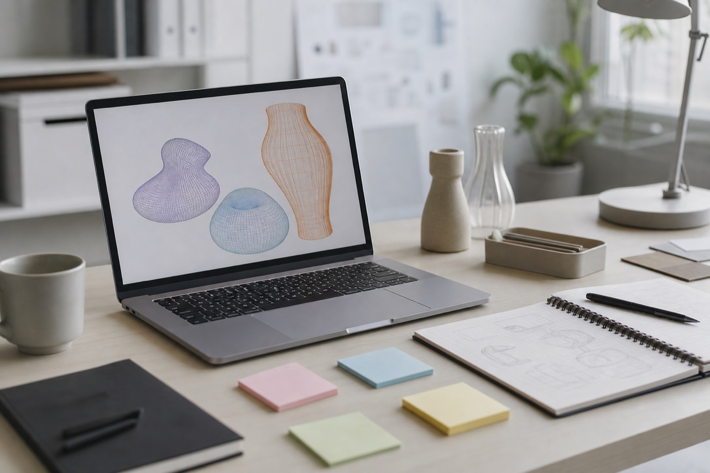 Product design workspace with sketches, sticky notes and a laptop showing wireframes